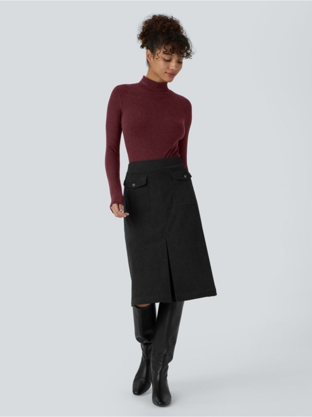NWT Halara Mid Rise Front Side Flap Pocket Midi Corduroy Casual Skirt size M